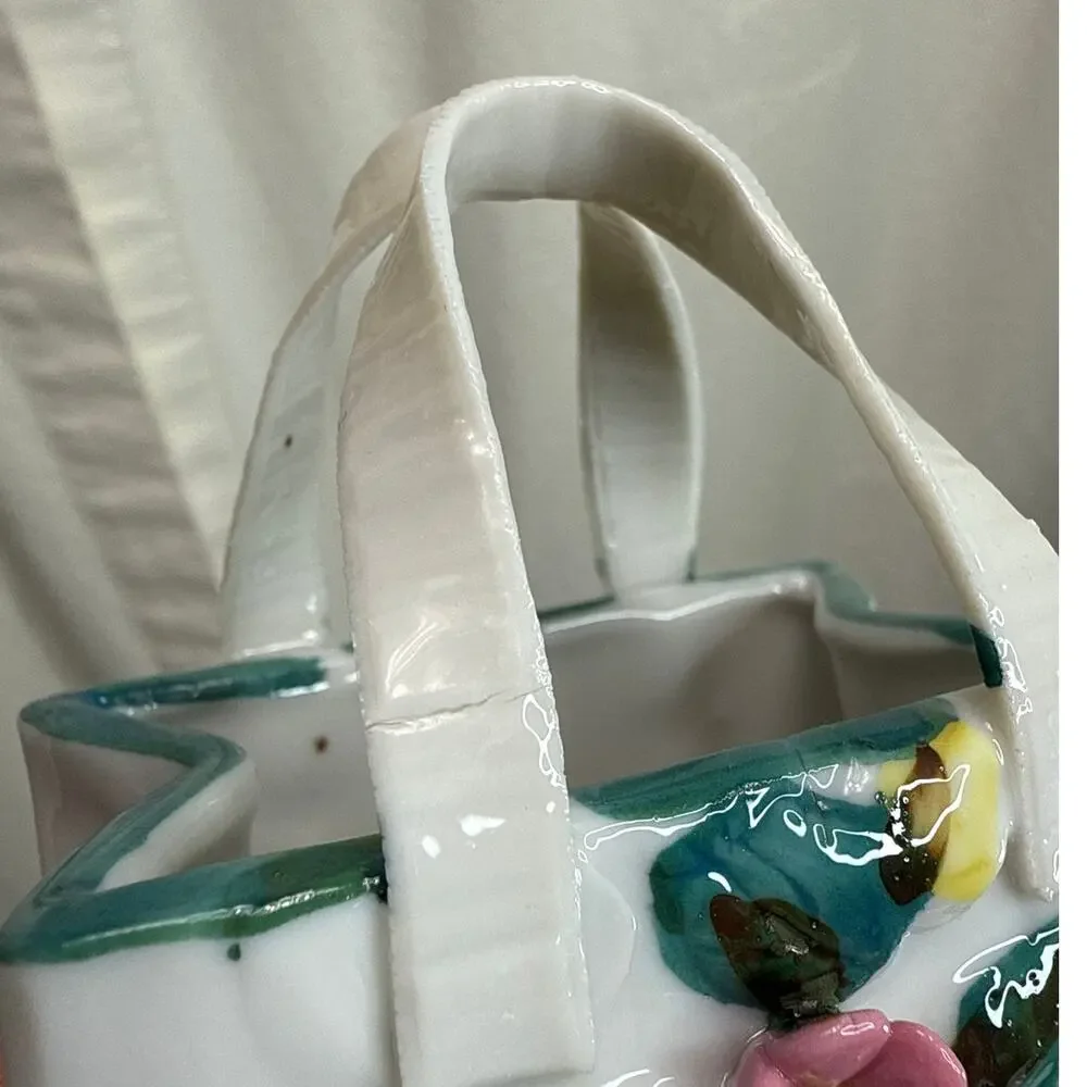 Handmade Porcelain Vintage Applied Flower Purse Bag Shaped Vase Catchall Décor